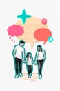 Collage poster image of happy family walk together hold hands isolated on drawing background