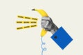 Collage poster picture of hand hold vintage phone yellow ripe banana answer call operator center isolated on painted