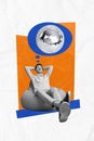 Collage poster picture image of positive cheerful guy sitting pouf bean bag relax dream summer vacation chill nighclub