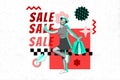 Collage poster sketch of cheerful happy girl walking store trendy clothes special total sale isolated on drawing Royalty Free Stock Photo