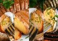 Collage of potato dishes with greens and sauce. Royalty Free Stock Photo