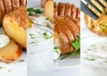 Collage of potato dishes with greens and sauce. Royalty Free Stock Photo