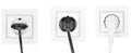 Collage power European electric plug isolated on a white.  electric cord plugged into a white electricity socket on white Royalty Free Stock Photo