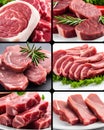 Collage of raw pork meat with rosemary and spices on white background. Royalty Free Stock Photo