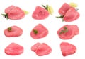 Collage with raw tuna steaks on white background Royalty Free Stock Photo