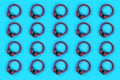 Collage of red headphones on blue background. Music concept Royalty Free Stock Photo