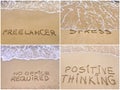 Collage of relaxation messages written on sand