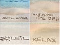 Collage of relaxation messages written on sand