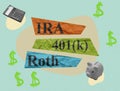 Collage about retirement plans Roth IRA and 401k.