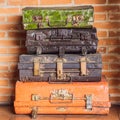 Collage Of Retro Travel Suitcases. Set Of Old Suitcases. Brown And Black Retro Suitcase. Vintage Baggage. Vintage Travel