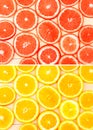 Collage ripe grapefruit on white boards, food closeup seen from above