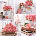 Collage with roses for Womens Day in Poland celebrated on March 8th