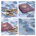 Collage of russian passport with euro banknotes and coins Royalty Free Stock Photo