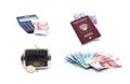 Collage of russian passport, euro banknotes, coins, purse and calculator lon white background Royalty Free Stock Photo