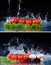 Collage Salad, tomato and with water drop splash Royalty Free Stock Photo