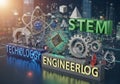 Collage of science and technology elements includes gears, a microchip, an atomic model, geometric Royalty Free Stock Photo