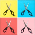 Collage of scissors on colorful background
