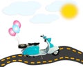 Collage scooter motorbike balloons road clouds sun isolated