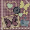 Collage of scrapbook elements. Butterfly, buttons, wooden elements, frame, hearts, lace plaid pattern background. Royalty Free Stock Photo