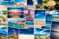 Scattered collage printed photos of seaside travel - South Sardinia holiday photo. Royalty Free Stock Photo