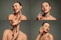 Collage. Sensual young beautiful girl without makeup with bare shoulders doing hand face massage. Concept of purity Royalty Free Stock Photo