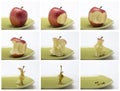 Collage of the sequence of eating a red apple.