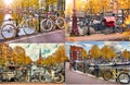 Collage set Bike over canal Amsterdam city Picturesque town in