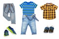 Collage set of boys spring autumn clothes isolated. Male kids apparel collection. Child boy fashion clothing outfit. Colorful Royalty Free Stock Photo