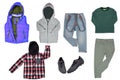 Collage set of boys spring winter clothes isolated. Male kids apparel collection. Child boy fashion clothing outfit. Colorful Royalty Free Stock Photo