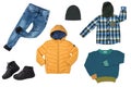 Collage set of boys spring winter clothes isolated. Male kids apparel collection. Child boy fashion clothing outfit. Colorful Royalty Free Stock Photo