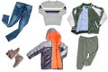 Collage set of boys spring winter clothes isolated. Male kids apparel collection. Child boy fashion clothing outfit. Colorful Royalty Free Stock Photo