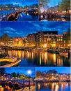 Collage set Bridge Blue hour arch over canal in Amsterdam Famous Royalty Free Stock Photo