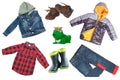 Collage set of children clothes. Denim jacket and pants, shoes and rain jacket for child boy isolated on a white background.