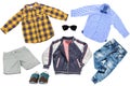 Collage set of children clothes. Denim jeans or pants, shoes, two checkered shirts, rain jacket and shorts for child boy isolated