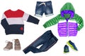 Collage set of children clothes. Denim jeans or pants, short jeans, two pair shoes , rain jacket and a sweater for child boy Royalty Free Stock Photo