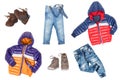 Collage set of children clothes. Denim pants, shoes and warm down jackets for child boy isolated on a white background. Concept