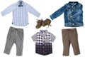 Collage set of children clothes. Two Denim jeans or pants, a pair shoes, a jeans jacket and two blue checkered  shirts or t-shirts Royalty Free Stock Photo