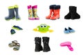 Collage set of children shoes and boots. Collection of seasonable children shoes and rubber boots isolated on a white background.