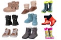 Collage set of children shoes and boots. Collection of seasonable various colorful children shoes and rubber boots isolated on a
