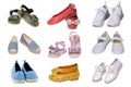 Collage set children summer shoes. Collection of seasonable various colorful children shoes, girls sandals, denim shoes and