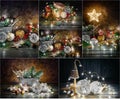 Collage set Christmas holiday decoration with fir balls and with Royalty Free Stock Photo