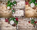 Collage set Christmas holiday decoration with pinecone balls old Royalty Free Stock Photo