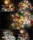 Collage set Christmas holiday decoration with shining star fir Royalty Free Stock Photo