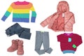 Collage set of clothes for a little girl isolated on a white background. The collection of a jeans, a shirt, a rain jacket, pants Royalty Free Stock Photo