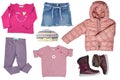 Collage set of clothes for a little girl isolated on a white background. The collection of a jeans skirt, a shirt and rain jacket Royalty Free Stock Photo