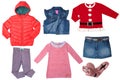 Collage set of clothes for a little girl isolated on a white background. The collection of a jeans vest and skirt, a sweater in Royalty Free Stock Photo