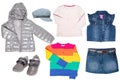Collage set of clothes for a little girl isolated on a white background. The collection of a jeans vest and skirt, a sweater in a Royalty Free Stock Photo