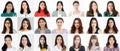 Collage set of 21 cute and beautiful Asian women faces on white background, different hairstyle and face shapes but all positive Royalty Free Stock Photo