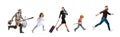 Collage. Set of different people of different professions and hobby running in a line over white background. Models in