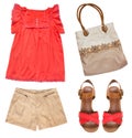 Collage set of female summer clothes.Bag,shoes on heels,modern w Royalty Free Stock Photo